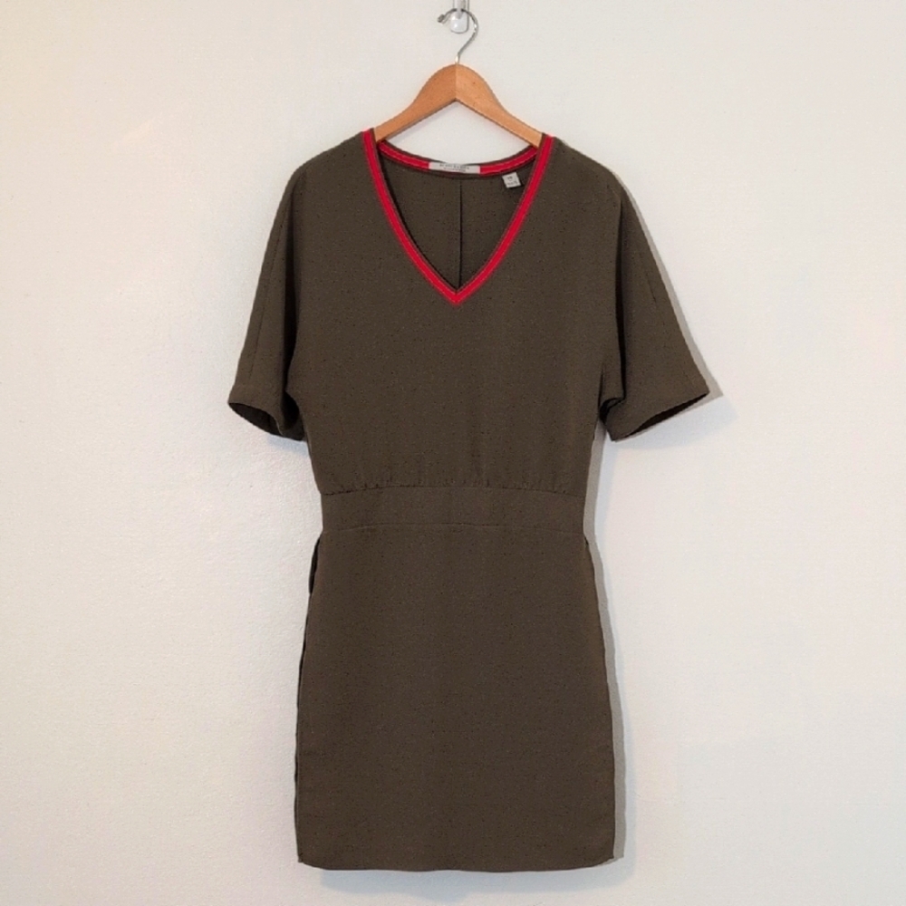 Scotch & Soda Red and Olive Army Green V-Neck Casual Sheath Midi Dress Sz XS